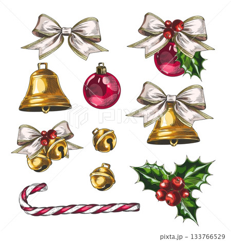 Christmas decorations hand drawn vector set, Christmas tree ball, mistletoe berries, bow, candy cane and jingle bells Christmas decorations hand drawn vector set, Christmas tree ball, mistletoe berries, bow, candy cane and jingle bells 133766529