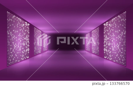 Purple led light screen corridor background, board wall stage with monitors glow round dotted TV display LCD video panel 133766570