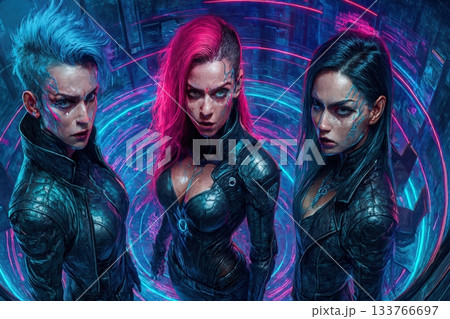 Three Diverse Cyberpunk Women Agents in Battle Ready Stance 133766697