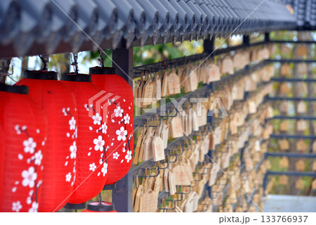 Japanese-style wooden plate for writing wishes for success hanging in rows decorated with red lanterns Japanese-style wooden plate for writing wishes for success hanging in rows decorated with red lanterns 133766937