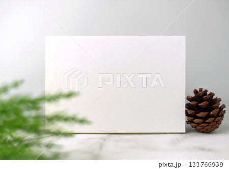 Minimal style blank white greeting card on white marble floor for fill the blessing in celebrating the festival of love and happiness with blurry green leaves foreground 133766939