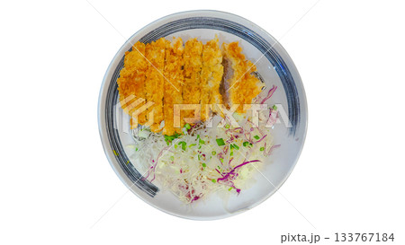 Tonkatsu (Japanese Fried Pork Cutlet) served with shredded cabbage salad. Isolated on white background. Tonkatsu (Japanese Fried Pork Cutlet) served with shredded cabbage salad. Isolated on white background. 133767184