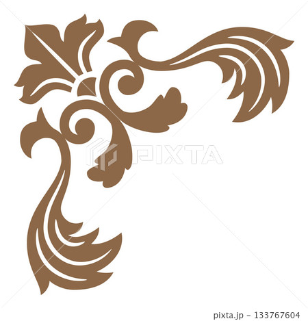 A golden, symmetrical corner ornament with scrollwork in a baroque style. 133767604