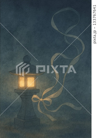 リボンシリーズ：灯籠の光に照らされるリボンの夜の和風背景 133767641