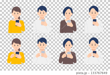 一群年輕和中年男女手持並操作智慧型手機 [人物向量插圖素材] 133767649