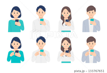 スマホを持つ･操作する若い男女のセット【人物ベクターイラスト素材】 133767651