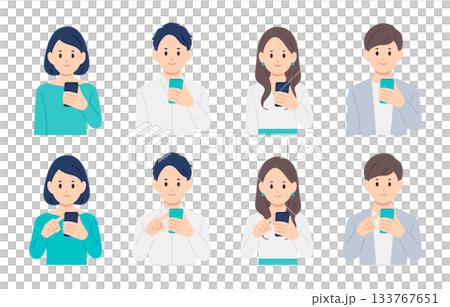 一群年輕男女手持並操作智慧型手機 [人物向量插畫素材] 133767651