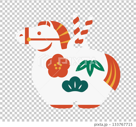 馬年吉祥物插圖,包括松樹、竹子和梅花。 馬年吉祥物插圖,包括松樹、竹子和梅花。 133767715