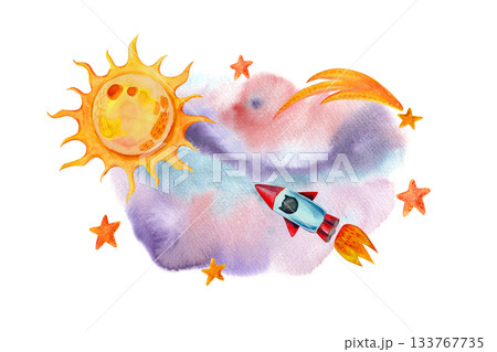 A children's space illustration featuring a rocket, stars, and the sun. This hand-drawn watercolor horizontal composition is perfect for designing children's and holiday products and textiles. 133767735