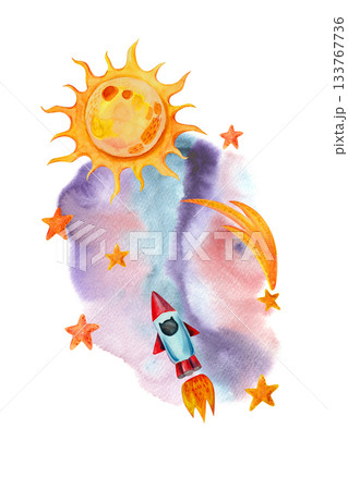 A children's space illustration featuring a rocket, stars, and the sun. This hand-drawn watercolor vertical composition is perfect for designing children's and holiday products and textiles. 133767736