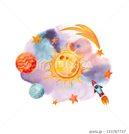 A children's space illustration with a rocket, stars, planets and the sun. A hand-drawn watercolor square composition for designing children's and holiday products and textiles. 133767737