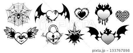 Goth heart tattoos set isolated on white Goth heart tattoos set isolated on white 133767898