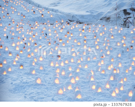 秋田・横手市「横手の雪まつり」かまくら｜白銀の雪景色とライトアップ（観光素材） 133767928