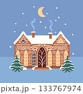 Gingerbread house vector featuring icing motifs and textured cookie facade, playful illustrative bakery style architecture on simple blue background 133767974