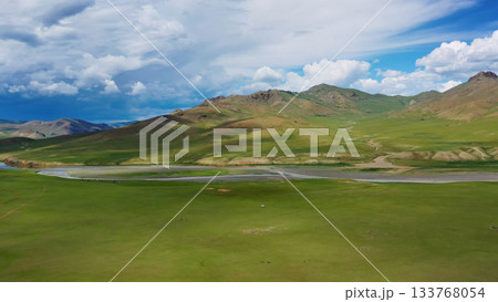 Aerial mountains landscape in Orkhon valley Aerial mountains landscape in Orkhon valley 133768054