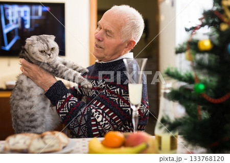 Positive senior man sitting at home table with cat during Christmas celebration 133768120