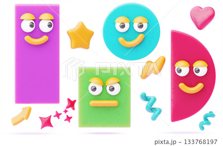 Cute math geometric shapes cartoon 3d characters with happy and angry faces. Abstract basic figures set - rectangle, circle, square, semicircle, heart, star, spiral, arrow, lightning. 3D illustration Cute math geometric shapes cartoon 3d characters with happy and angry faces. Abstract basic figures set - rectangle, circle, square, semicircle, heart, star, spiral, arrow, lightning. 3D illustration 133768197