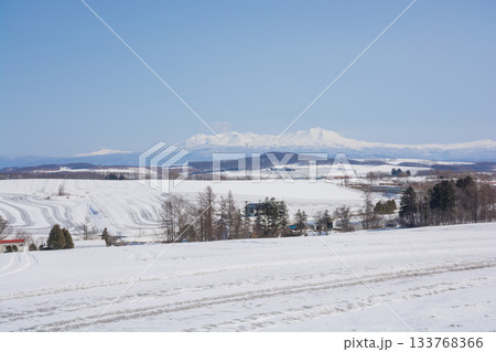 融雪剤が撒かれた雪の畑と山並み 大雪山 融雪剤が撒かれた雪の畑と山並み 大雪山 133768366