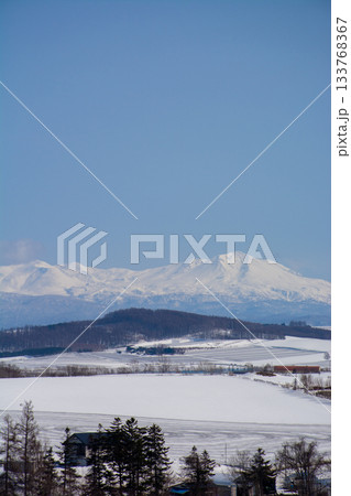融雪剤が撒かれた雪の畑と山並み　大雪山 133768367