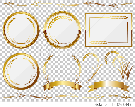 高級感のある稲のフレームと装飾セット　ホワイト＆ゴールド 133768445