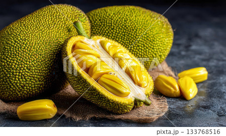 Fresh ripe jackfruit with open yellow pods, exotic tropical fruit on rustic surface Fresh ripe jackfruit with open yellow pods, exotic tropical fruit on rustic surface 133768516