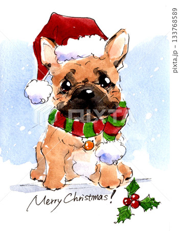 サンタ帽をかぶったフレンチブルドッグのクリスマス水彩イラスト 133768589