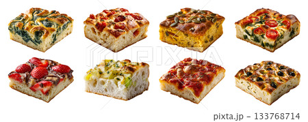 Set of different flavor of classic Italian Focaccia bun bread flat, flatbread leavened, oven-baked with fillings, nuts fruit meat vegetable flavour, transparent cutout PNG. Many Mockup for design 133768714