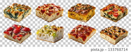Set of different flavor of classic Italian Focaccia bun bread flat, flatbread leavened, oven-baked with fillings, nuts fruit meat vegetable flavour, transparent cutout PNG. Many Mockup for design 133768714