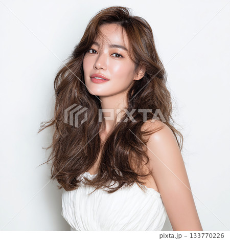 ゴールドピアスと白い衣装のエレガントな女性 133770226