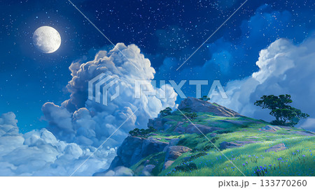 満月と広がる雲海の上に浮かぶ崖の風景 133770260