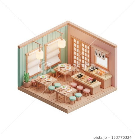 Adorable 3D Cartoon Sushi Bar Interior Design in Soft Pastel Colors Adorable 3D Cartoon Sushi Bar Interior Design in Soft Pastel Colors 133770324