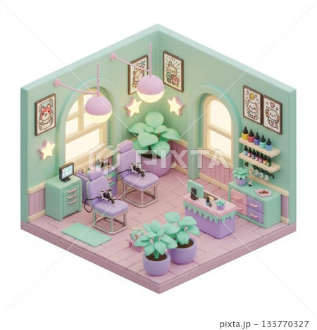 Cute 3D Cartoon Interior Design of a Tattoo Parlor in Pastel Colors 133770327
