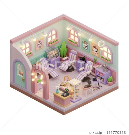 Cute 3D Cartoon Tattoo Parlor Interior Design with Pastel Color Palette Cute 3D Cartoon Tattoo Parlor Interior Design with Pastel Color Palette 133770328