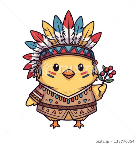 Cute Chibi Chick in Tribal Warrior Attire with Colorful Headdress 133770354