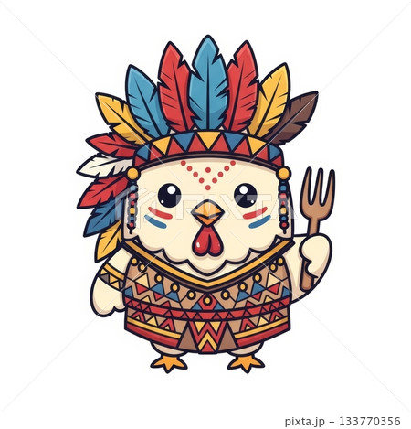 Cute Chibi Chicken Character in Tribal Warrior Attire Illustration Cute Chibi Chicken Character in Tribal Warrior Attire Illustration 133770356