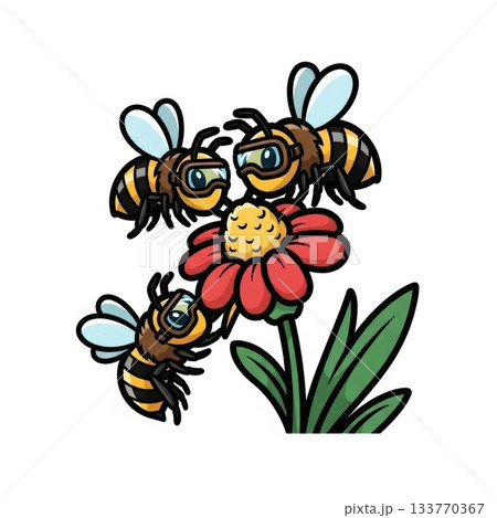 Cute Bees Collecting Nectar from Flower with Tiny Goggles in Kawaii Style 133770367