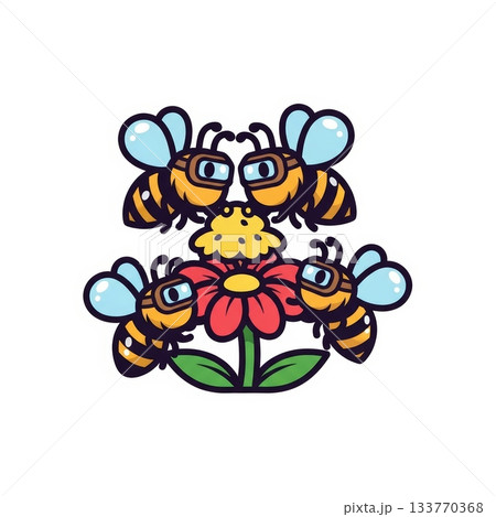Cute Bees Collecting Nectar from Flower with Tiny Goggles Illustration Cute Bees Collecting Nectar from Flower with Tiny Goggles Illustration 133770368