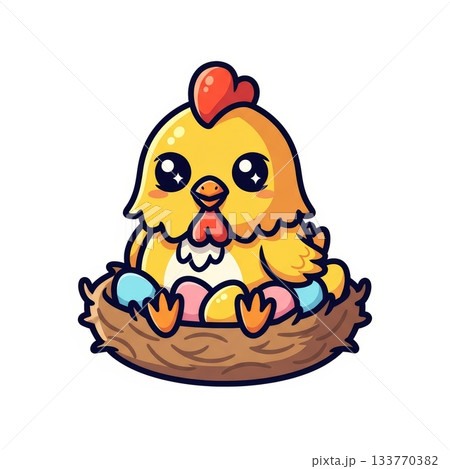 Cute Chicken Sitting in Nest Full of Colorful Eggs Vector Illustration 133770382