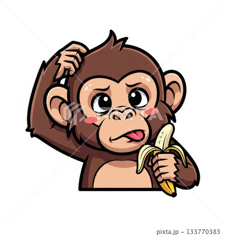 Thoughtful Chimpanzee Scratching Head with Banana in Kawaii Style Thoughtful Chimpanzee Scratching Head with Banana in Kawaii Style 133770383