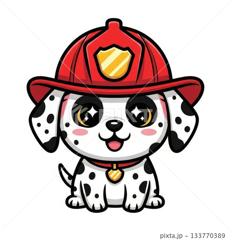 Adorable Dalmatian Puppy in Firefighter Helmet Vector Illustration 133770389