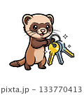 Playful Ferret Stealing Shiny Keys in Vibrant Kawaii Style Illustration 133770413