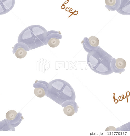 Watercolor seamless playful kids pattern with quickly sketch style purple cars and small “beep” lettering. Great for baby boy designs, fabrics, nursery decor, gift wrap, cheerful children’s products. Watercolor seamless playful kids pattern with quickly sketch style purple cars and small “beep” lettering. Great for baby boy designs, fabrics, nursery decor, gift wrap, cheerful children’s products. 133770587