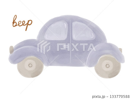 Purple toy car with beep lettering. Watercolor hand drawn quickly sketch style. Isolated clipart for kids designs, nursery prints, stickers, posters, scrapbooking, and playful boy-themed projects. 133770588