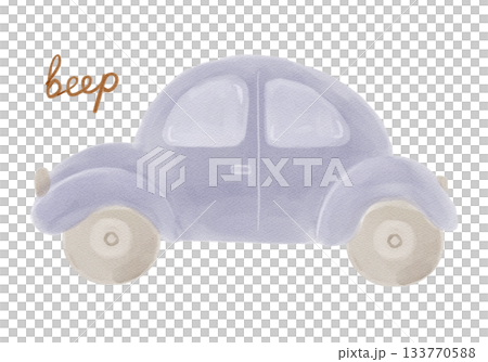Purple toy car with beep lettering. Watercolor hand drawn quickly sketch style. Isolated clipart for kids designs, nursery prints, stickers, posters, scrapbooking, and playful boy-themed projects. 133770588