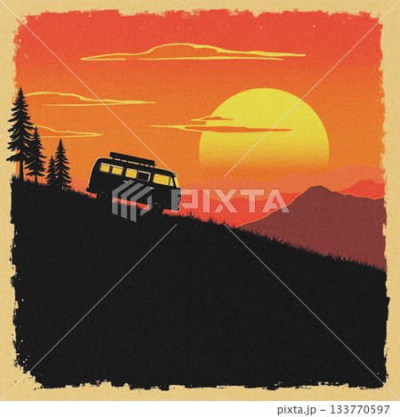 Black camper van driving up a grassy hill at sunset image photo Black camper van driving up a grassy hill at sunset image photo 133770597