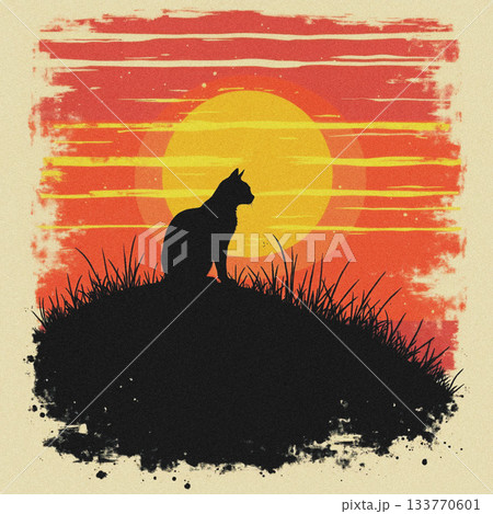 Black cat silhouette on a grassy mound against a stylized sunset image photo Black cat silhouette on a grassy mound against a stylized sunset image photo 133770601