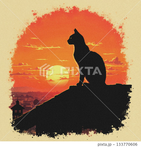 Black Cat Silhouette on Rooftop at Sunset skyline overlooking 133770606
