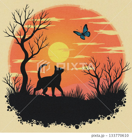 Black cat walking under trees with a butterfly at sunset silhouette 133770610
