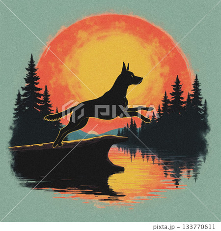 Black dog jumping over log at sunset with forest and lake reflection image photo Black dog jumping over log at sunset with forest and lake reflection image photo 133770611