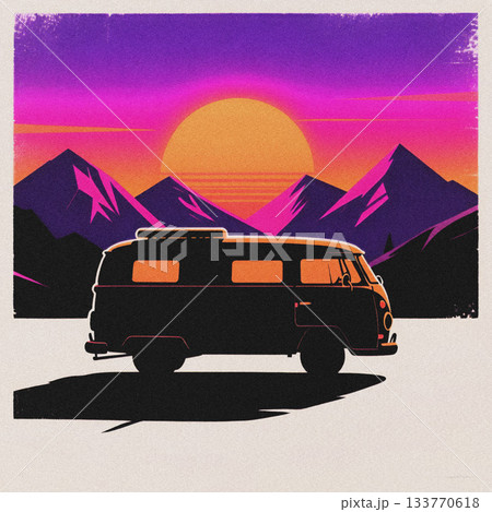 Black VW Bus Silhouette Against Purple and Orange Sunset and Mountains Volkswagen 133770618